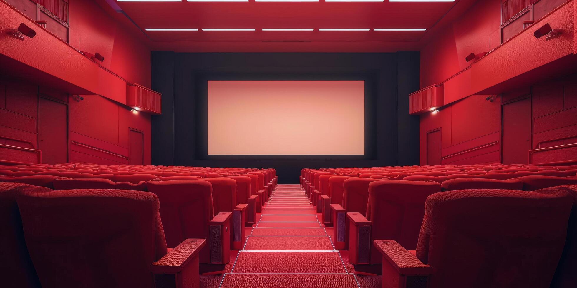 Empty Theater With Red Seats and Projector Screen photo
