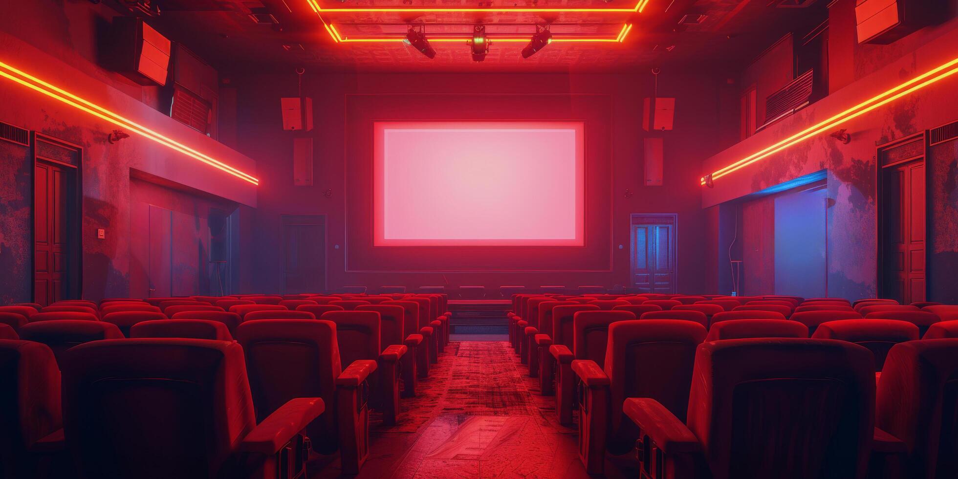 Empty Theater With Red Lights and Big Screen photo