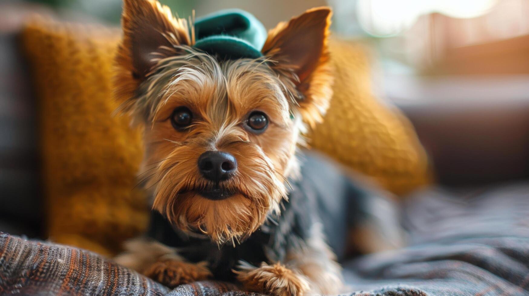 Small Dog Sitting on Top of a Couch photo