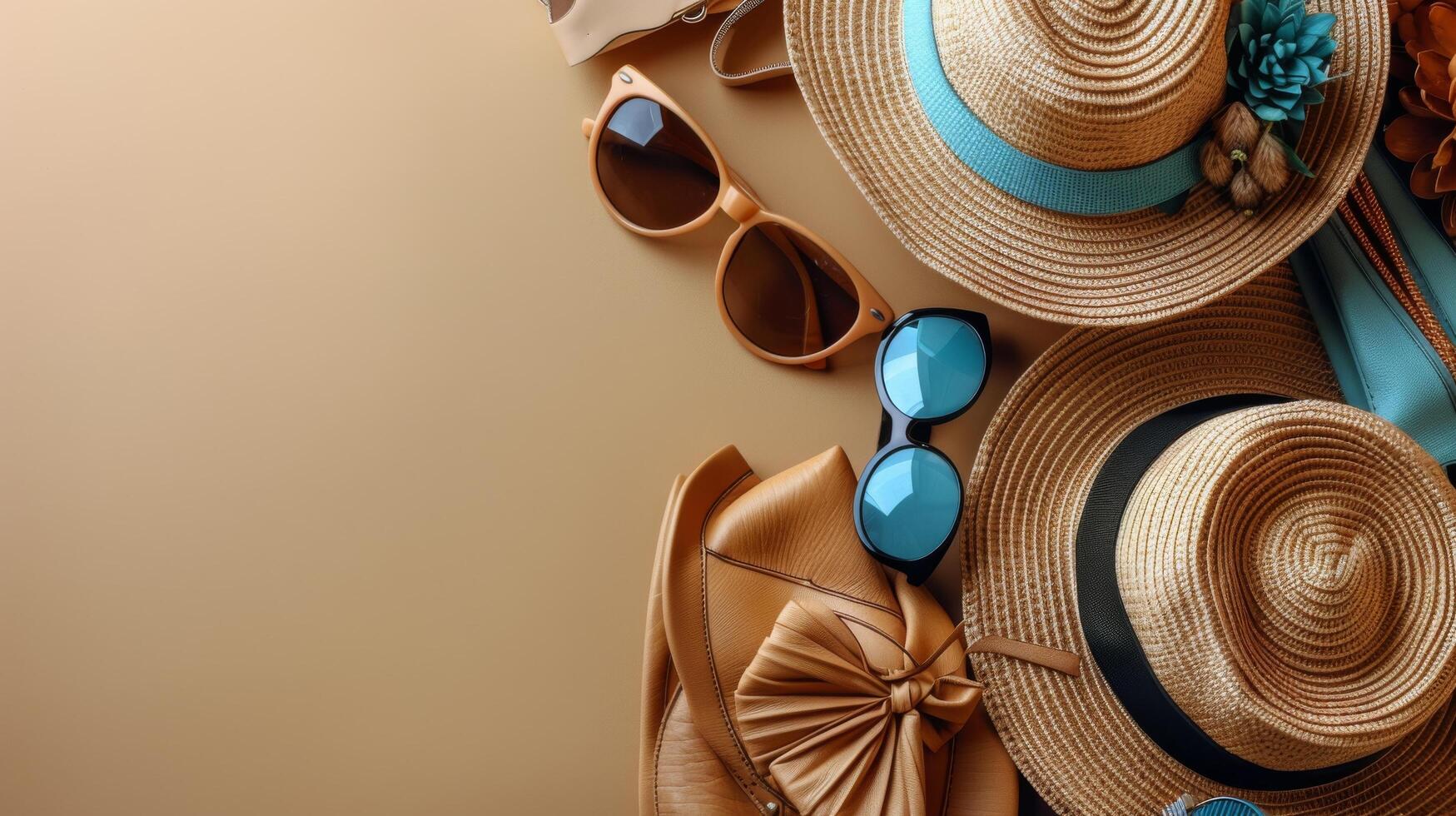 Assorted Hats, Sunglasses, and Items on Table photo