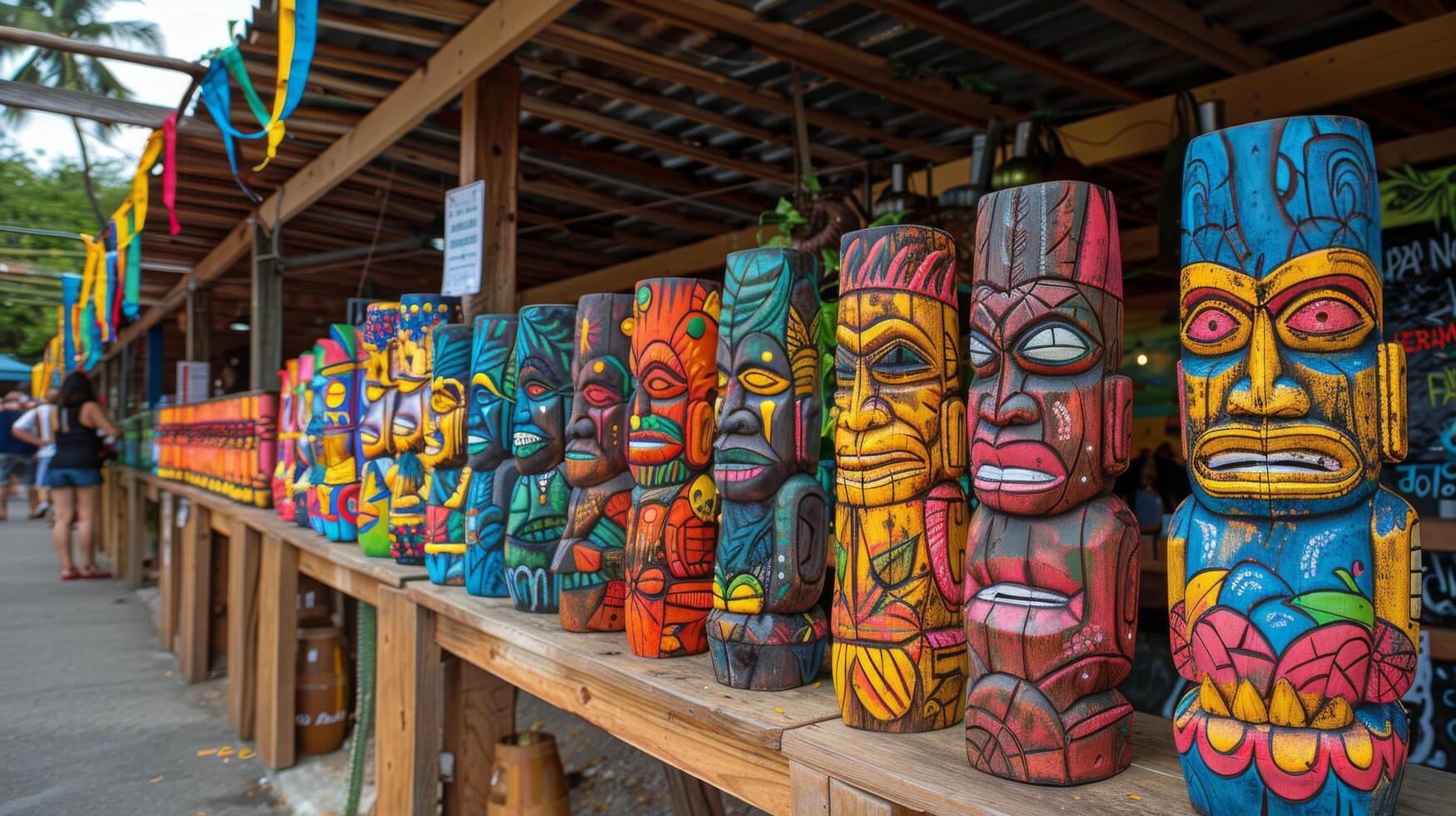 Row of Totem Poles on Wooden Table photo