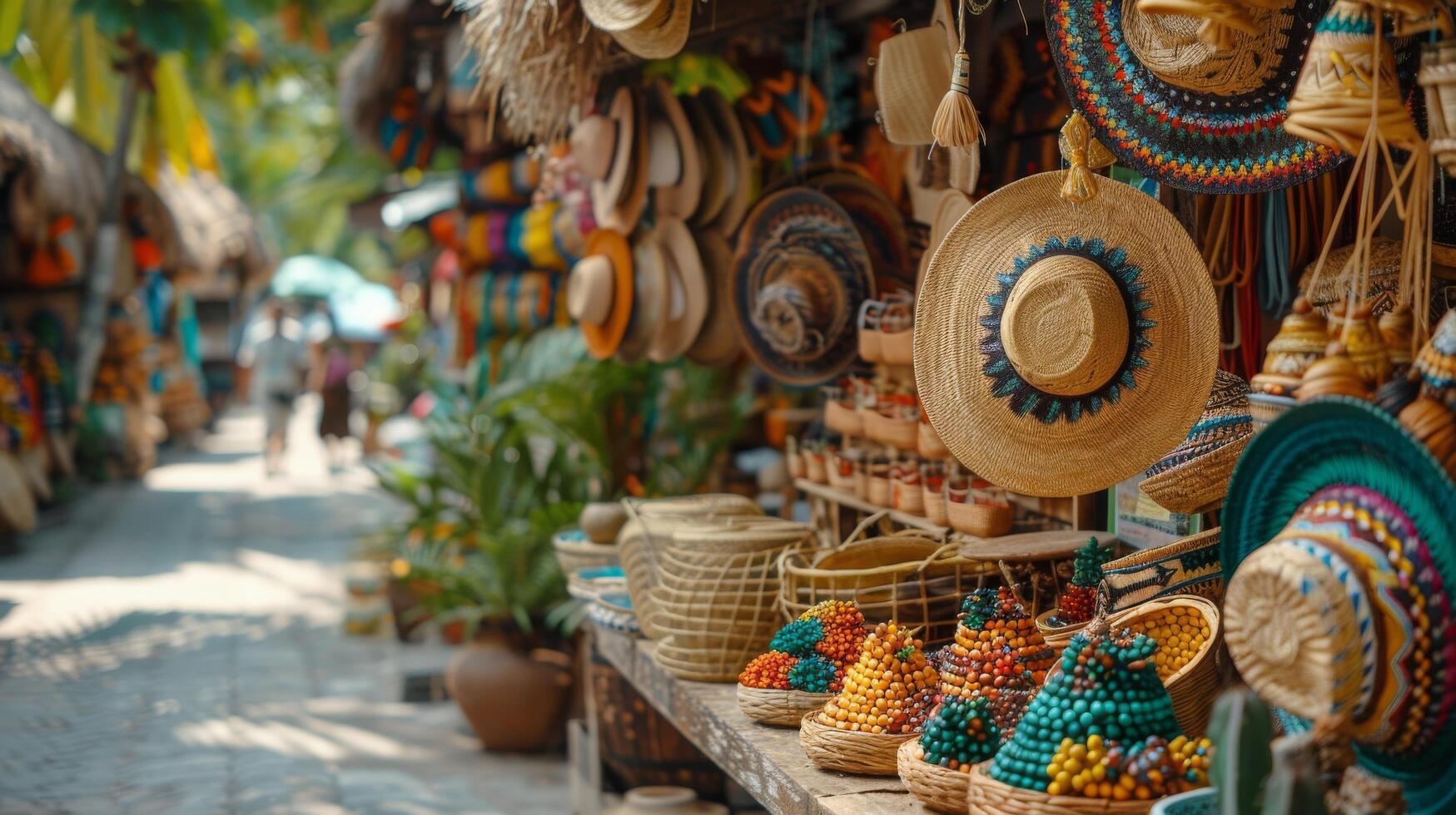 Baskets and Hats Displayed at a Market photo