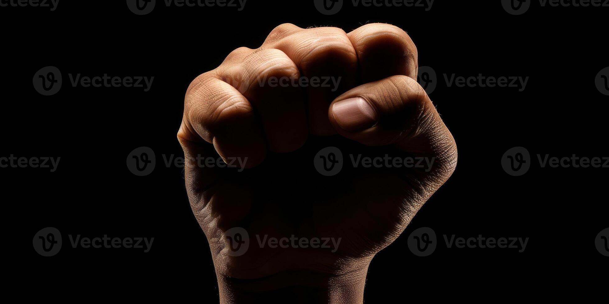 AI generated A strong and powerful image of a person raising their fist in the air, symbolizing defiance and protest. The gesture exudes empowerment and determination photo