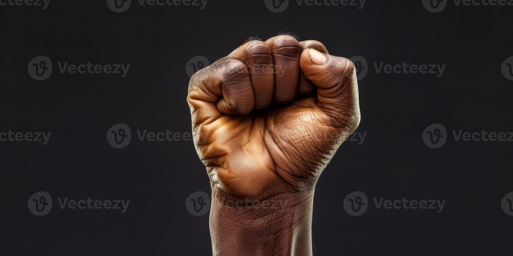 AI generated A photo showcasing a mans clenched fist against a stark black background. The image emphasizes power, resilience, and determination