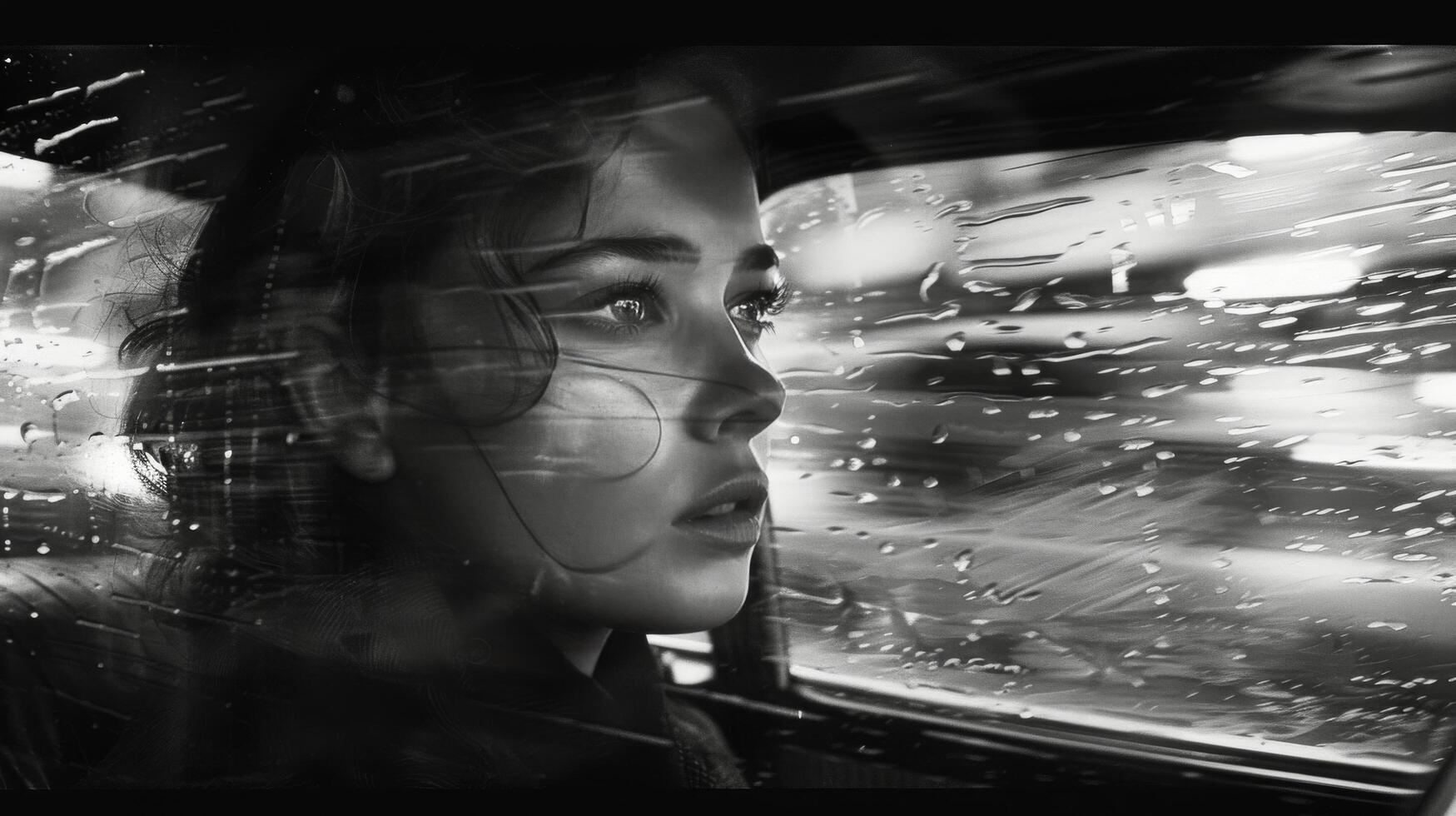 Womans Face Close Up Through Rain Covered Window photo