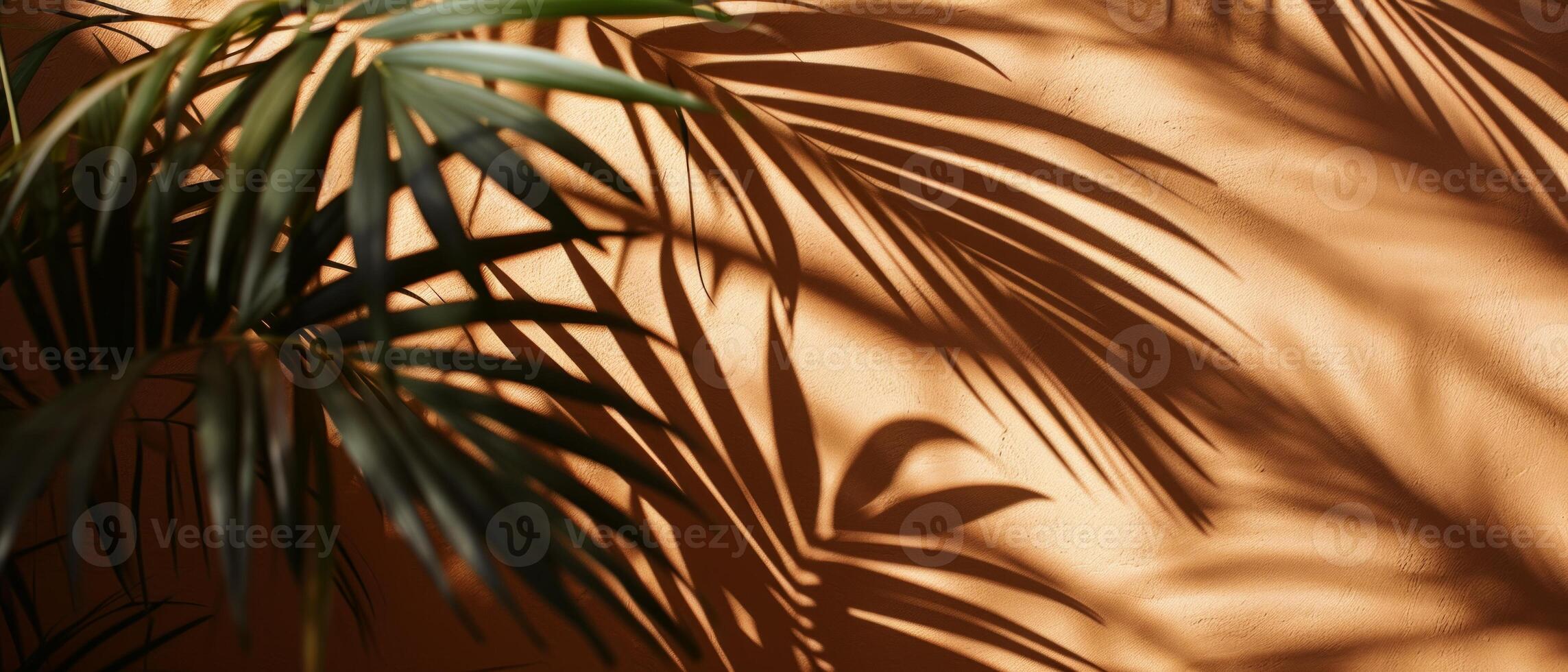 AI generated The interplay of light and shadow from tropical palm leaves creates an artistic pattern on a warm, textured wall photo