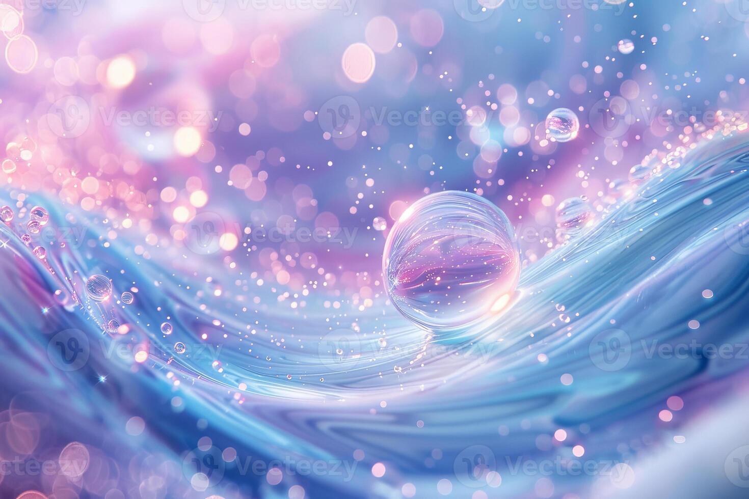 AI generated Photo of a swirling mix of pastel blue and pink colors with a dreamy effect and floating bubbles throughout the composition.