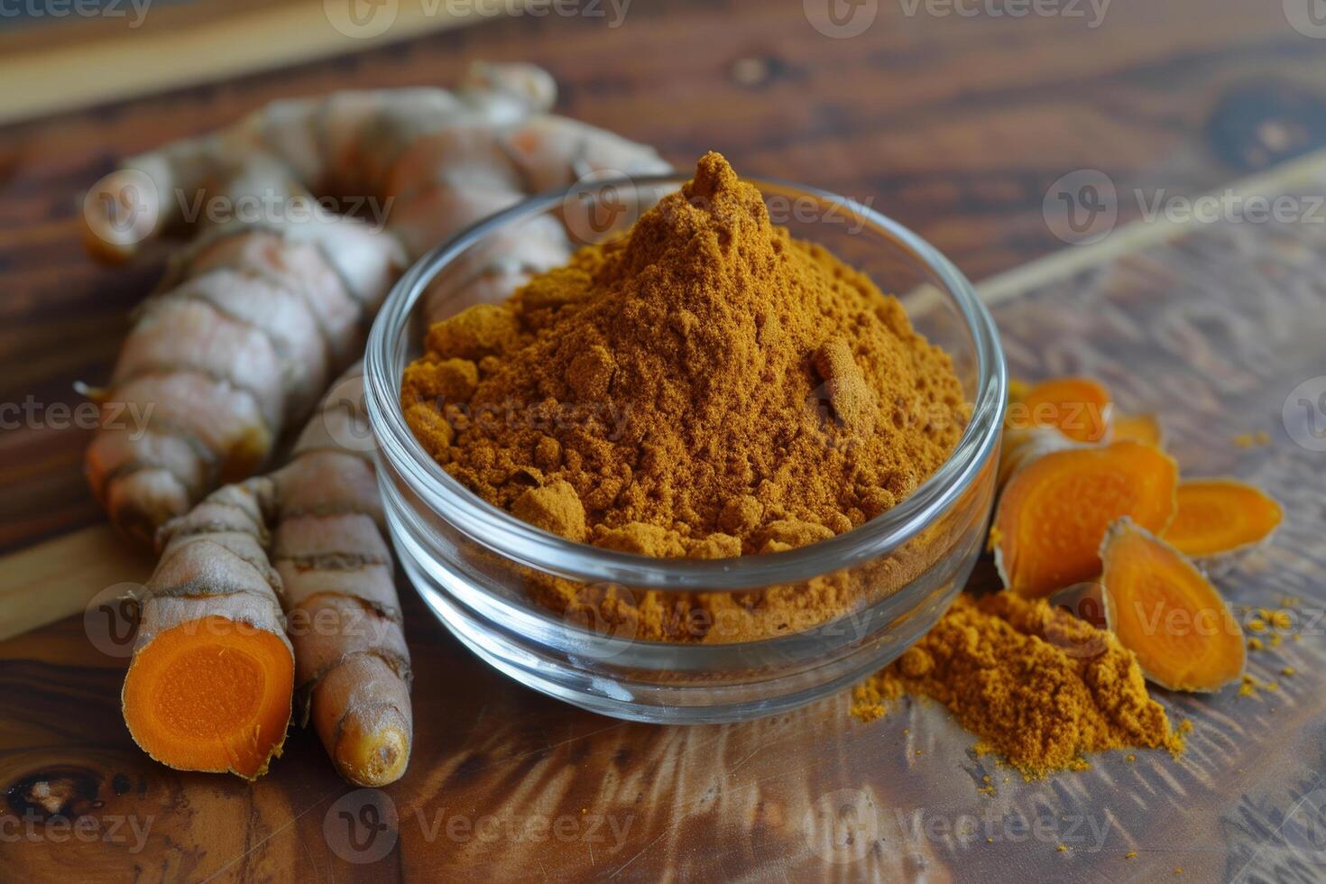 AI generated Vibrant orange turmeric powder in a clear glass bowl photo