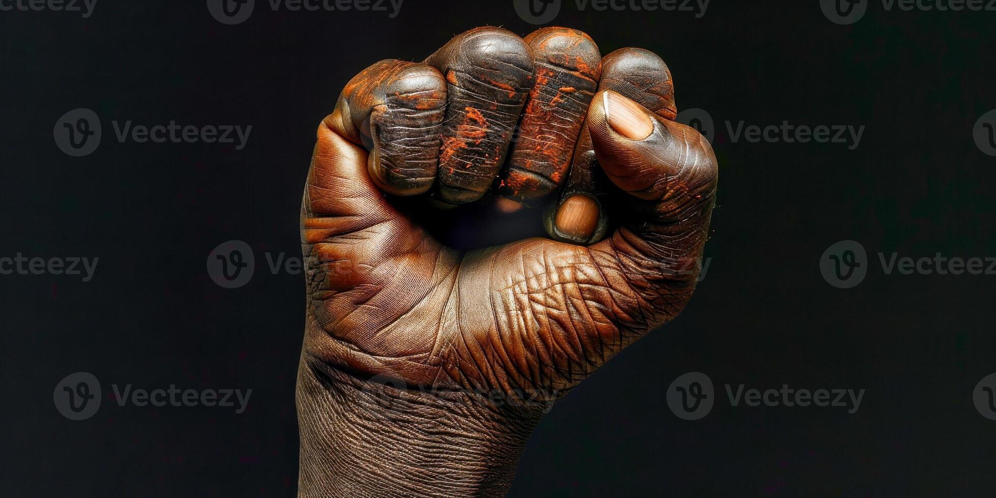 AI generated A photo showcasing a mans clenched fist against a stark black background. The image emphasizes power, resilience, and determination