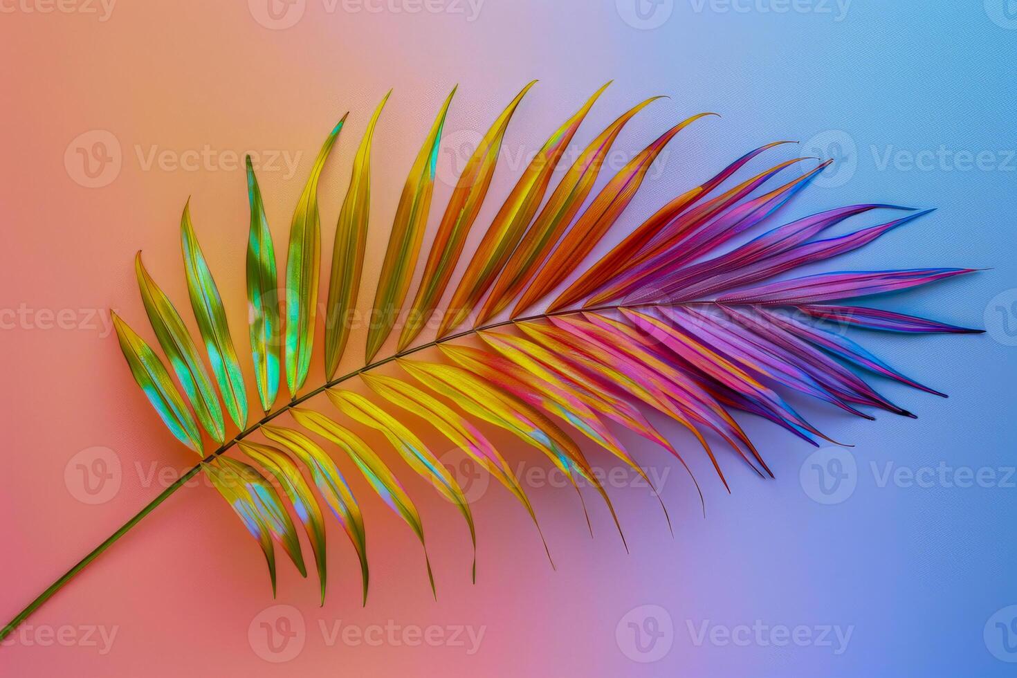 AI generated Tropical palm leaf with vibrant gradient holographic colors on a minimalist pastel background. photo
