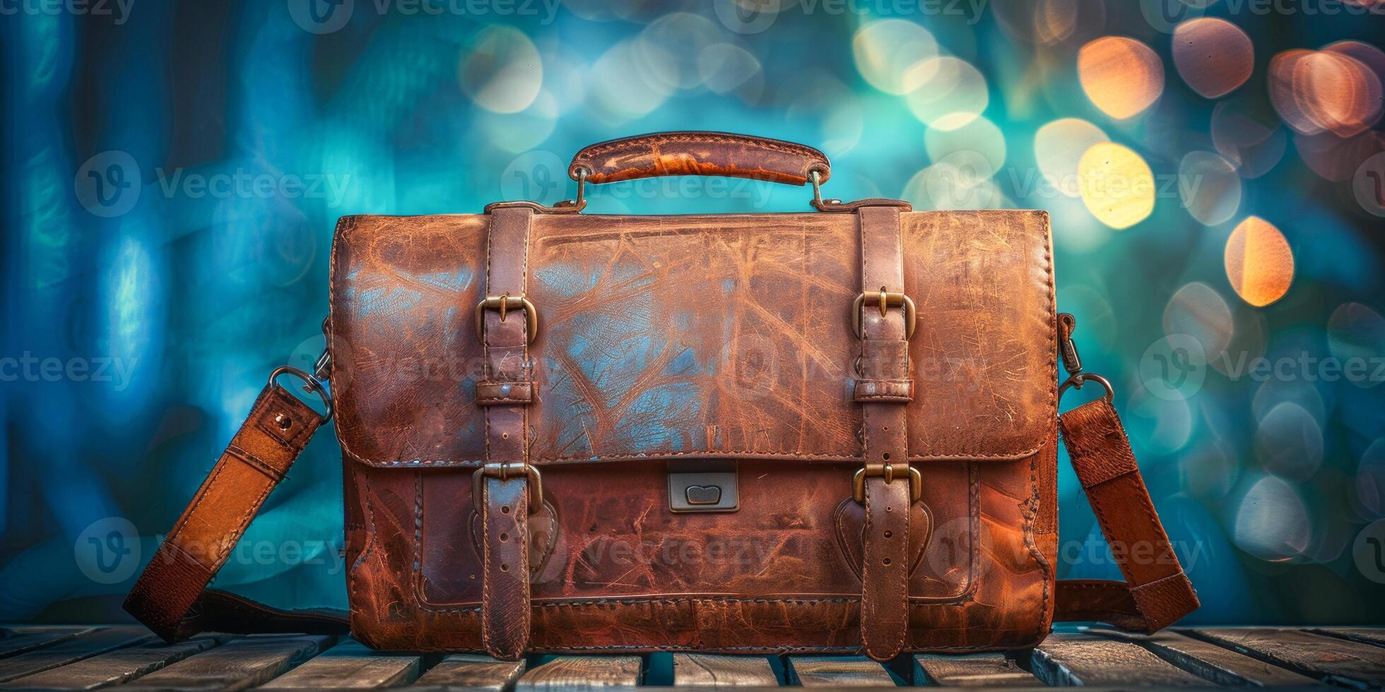 AI generated Photo of a vintage brown leather briefcase with a glowing aura on a bokeh light background, signifying importance and mystery