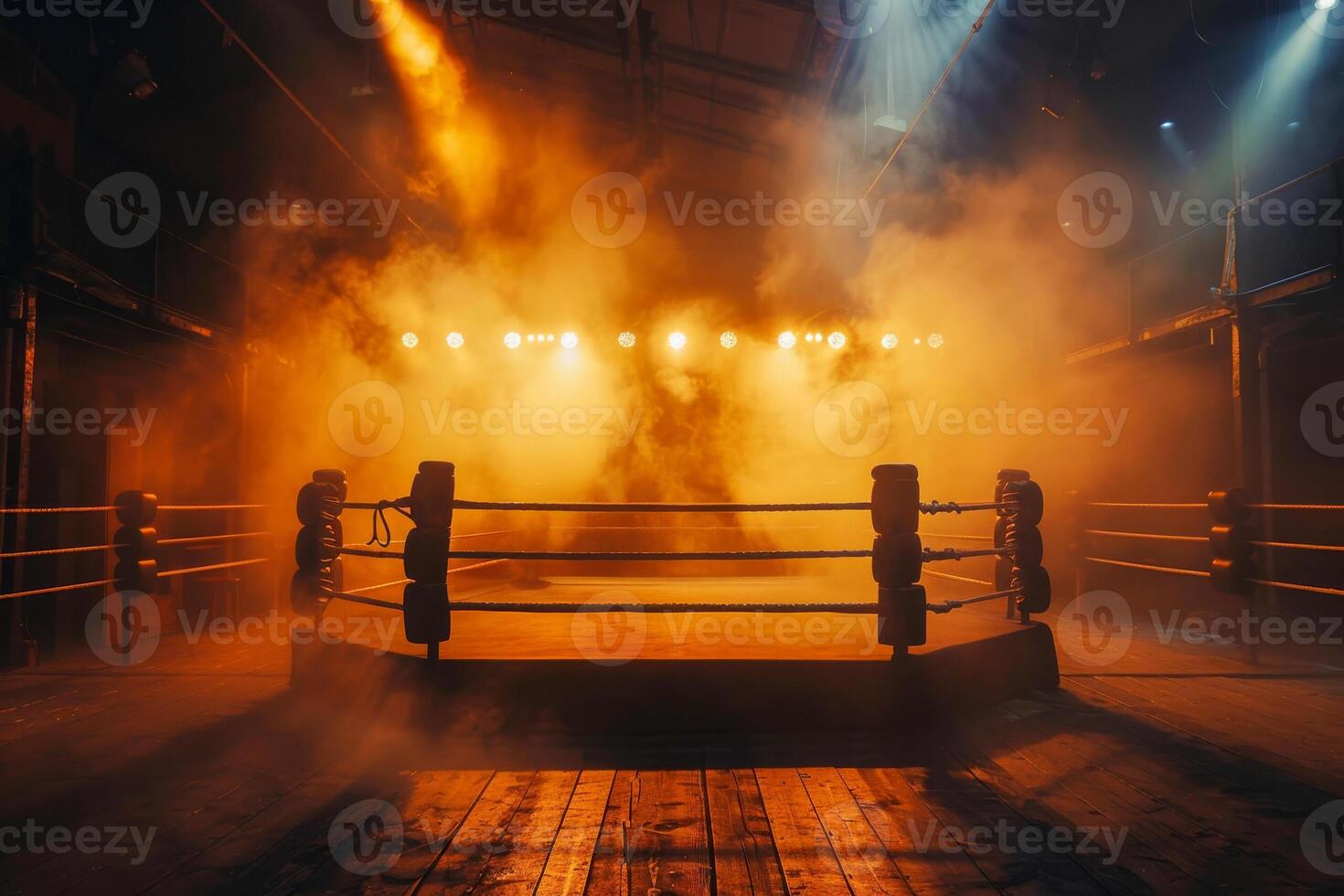 AI generated An empty boxing ring with dramatic spotlight illumination and smoke photo