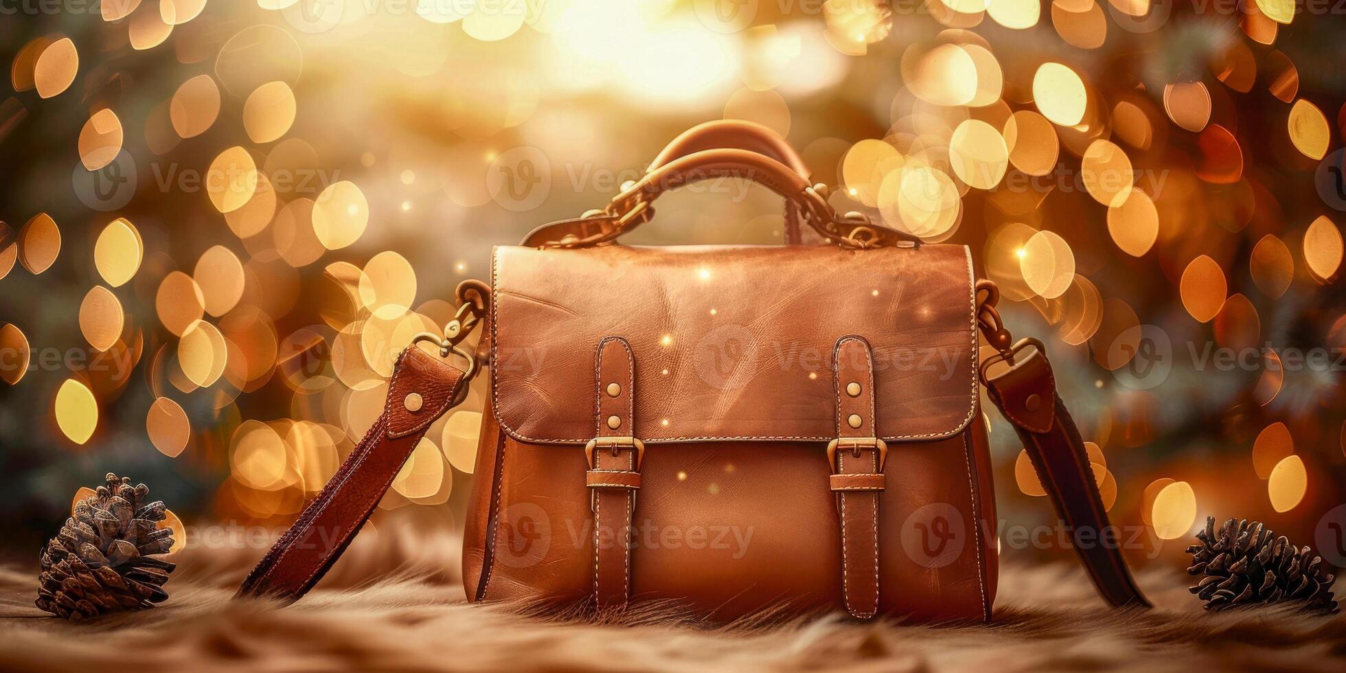 AI generated An elegant leather satchel centered with a warm, magical shimmer against a backdrop of soft, golden bokeh lights photo