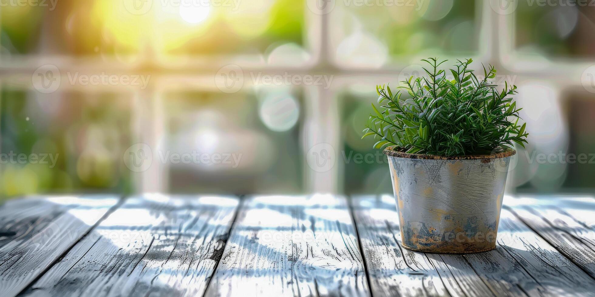 AI generated Weathered white wood table surface with a blurred background highlighting a metal pot with a greenhouse plant by a bright window photo
