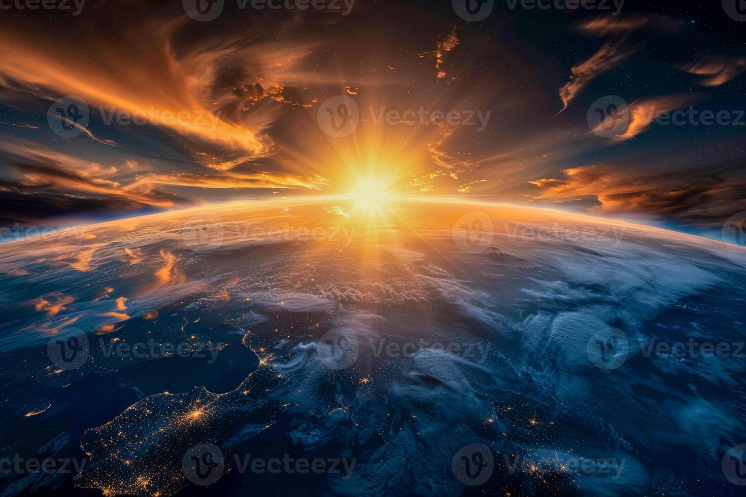 AI generated The Earth's atmosphere with a radiant sunrise from outer space photo