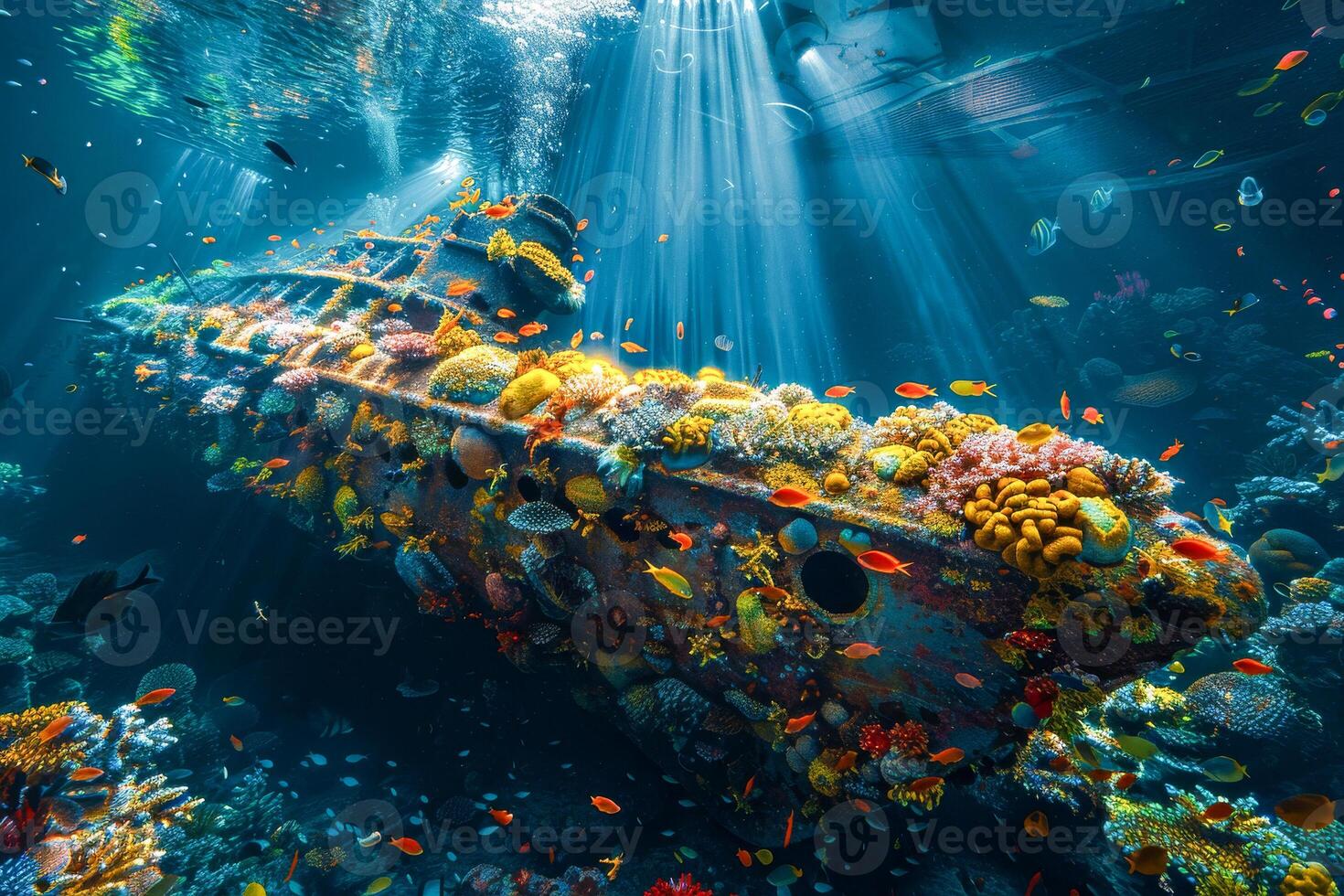 AI generated An underwater scene with a sunken ship covered in coral and marine life, illuminated by a diver's light photo