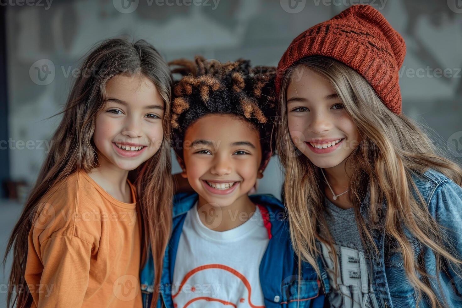 ai generado dos muchachas y un chico con diferente peinados, posando felizmente adentro foto