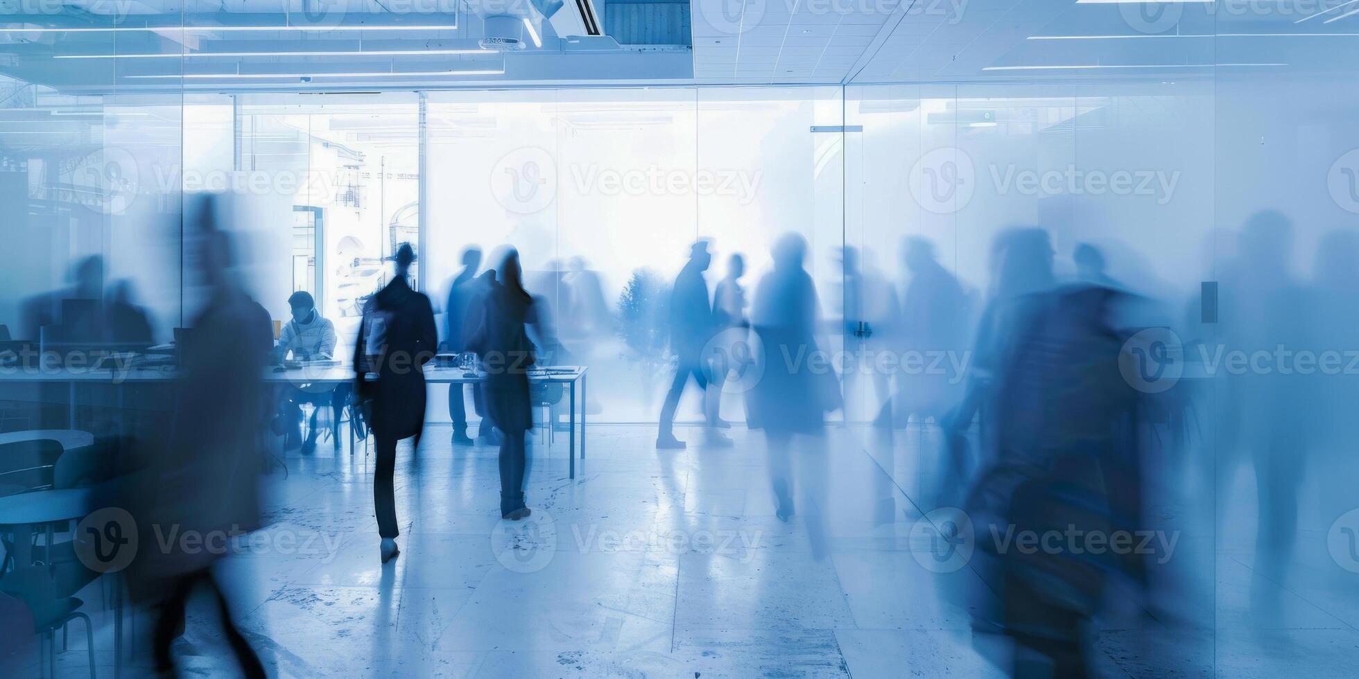 AI generated This photo captures a blurred image of people walking in an office setting. The individuals appear to be busy and on the move within the workplace environment