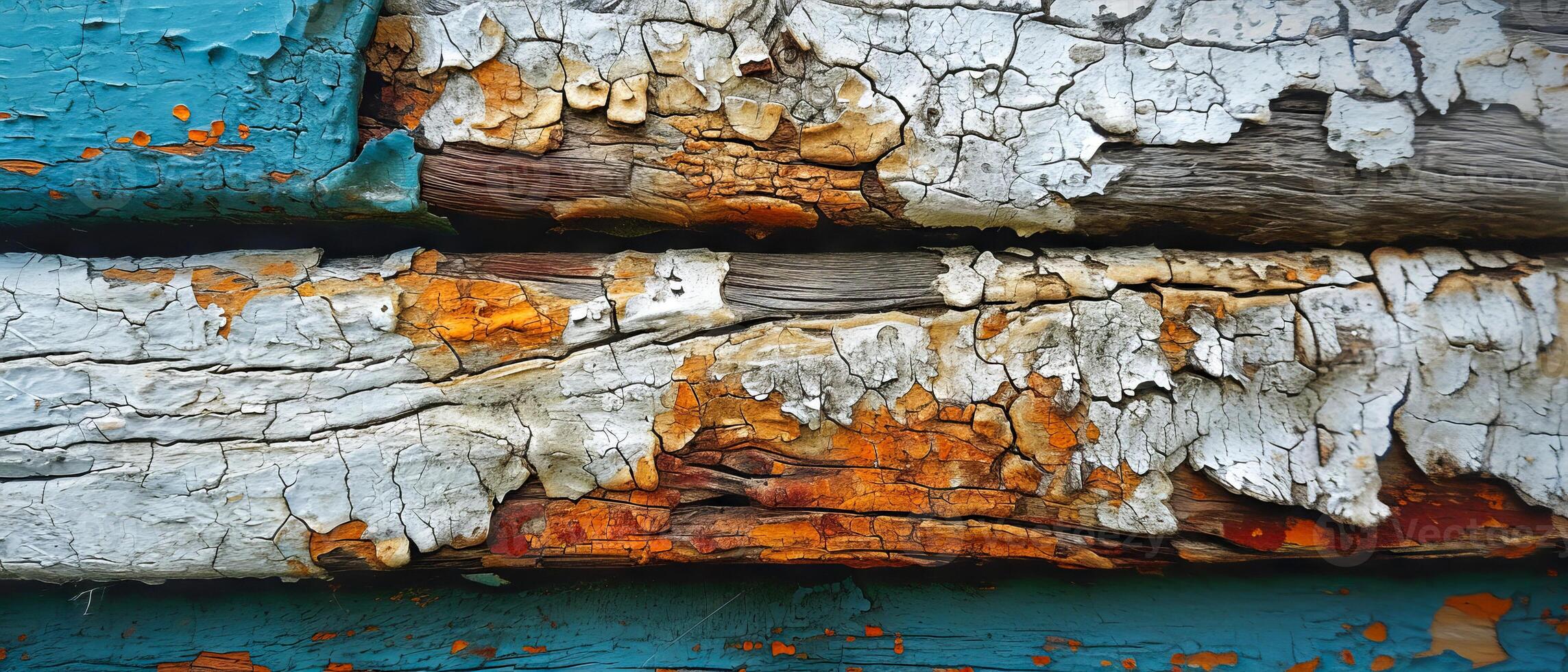 AI generated Artistic close-up of cracked and chipped layers of white and blu photo