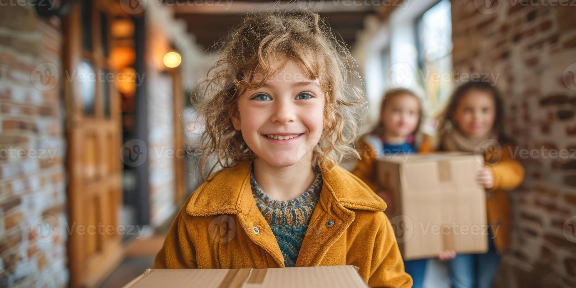 AI generated The photo captures a group of children happily carrying boxes down a hallway. They are working together, displaying teamwork and cooperation as they transport the items