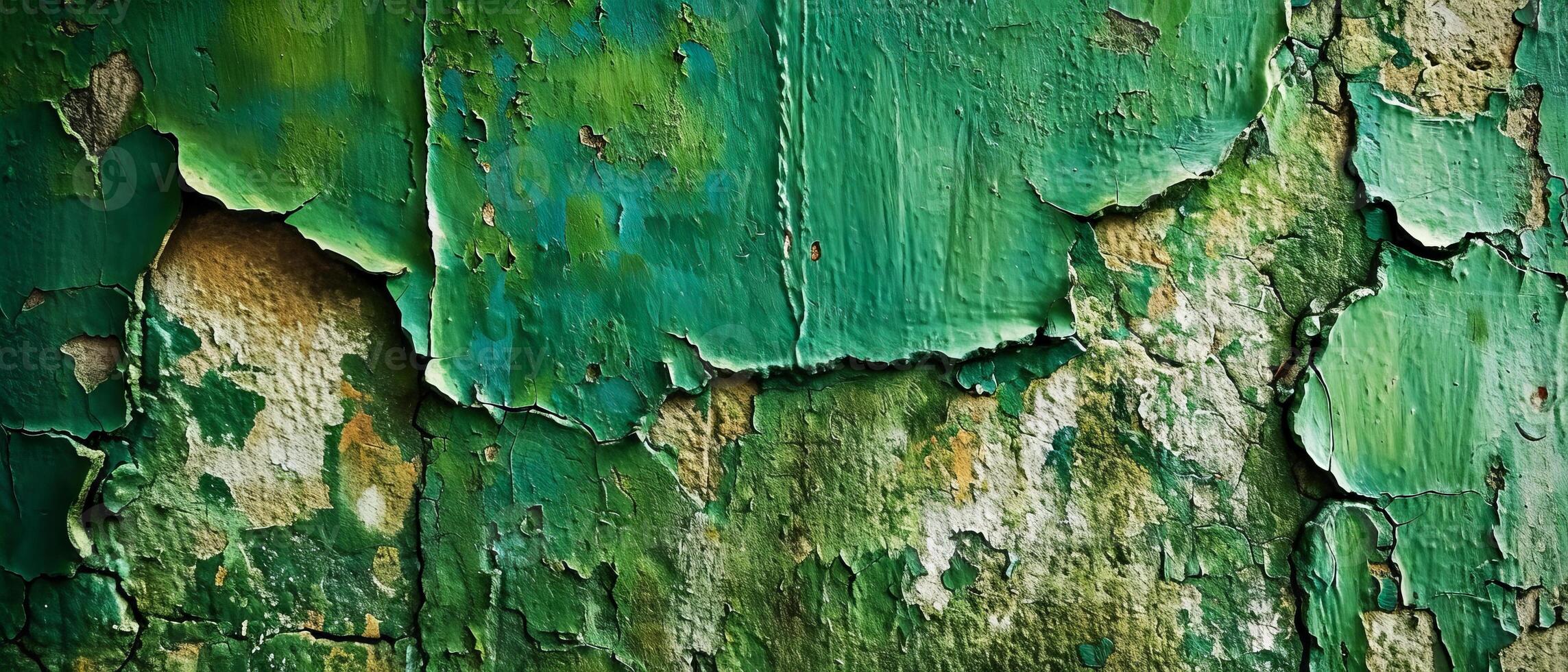 AI generated Close-up image of cracked and peeling green paint revealing the textured concrete surface beneath photo