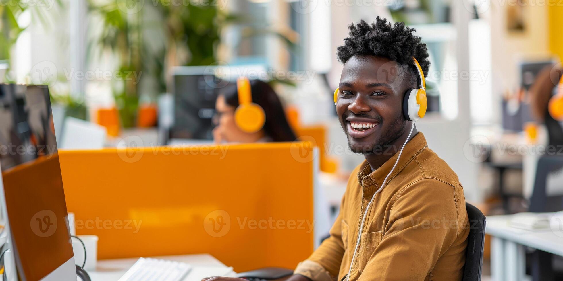 AI generated A man is shown wearing a headset and sitting in front of a computer. He appears focused and engaged, likely involved in customer service photo