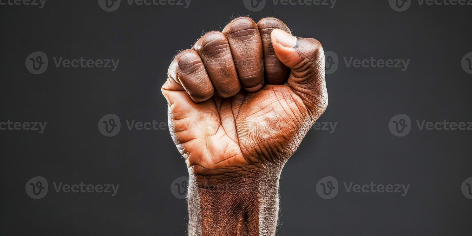 AI generated A photo showcasing a mans clenched fist against a stark black background. The image emphasizes power, resilience, and determination