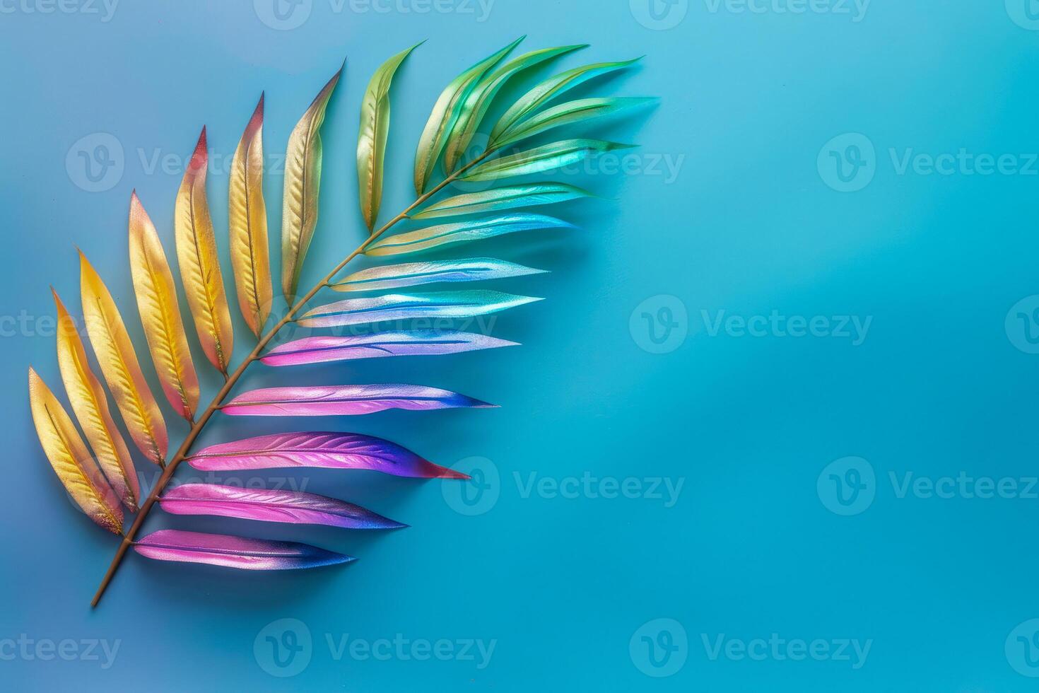 AI generated Tropical palm leaf with vibrant gradient holographic colors on a minimalist pastel background. photo