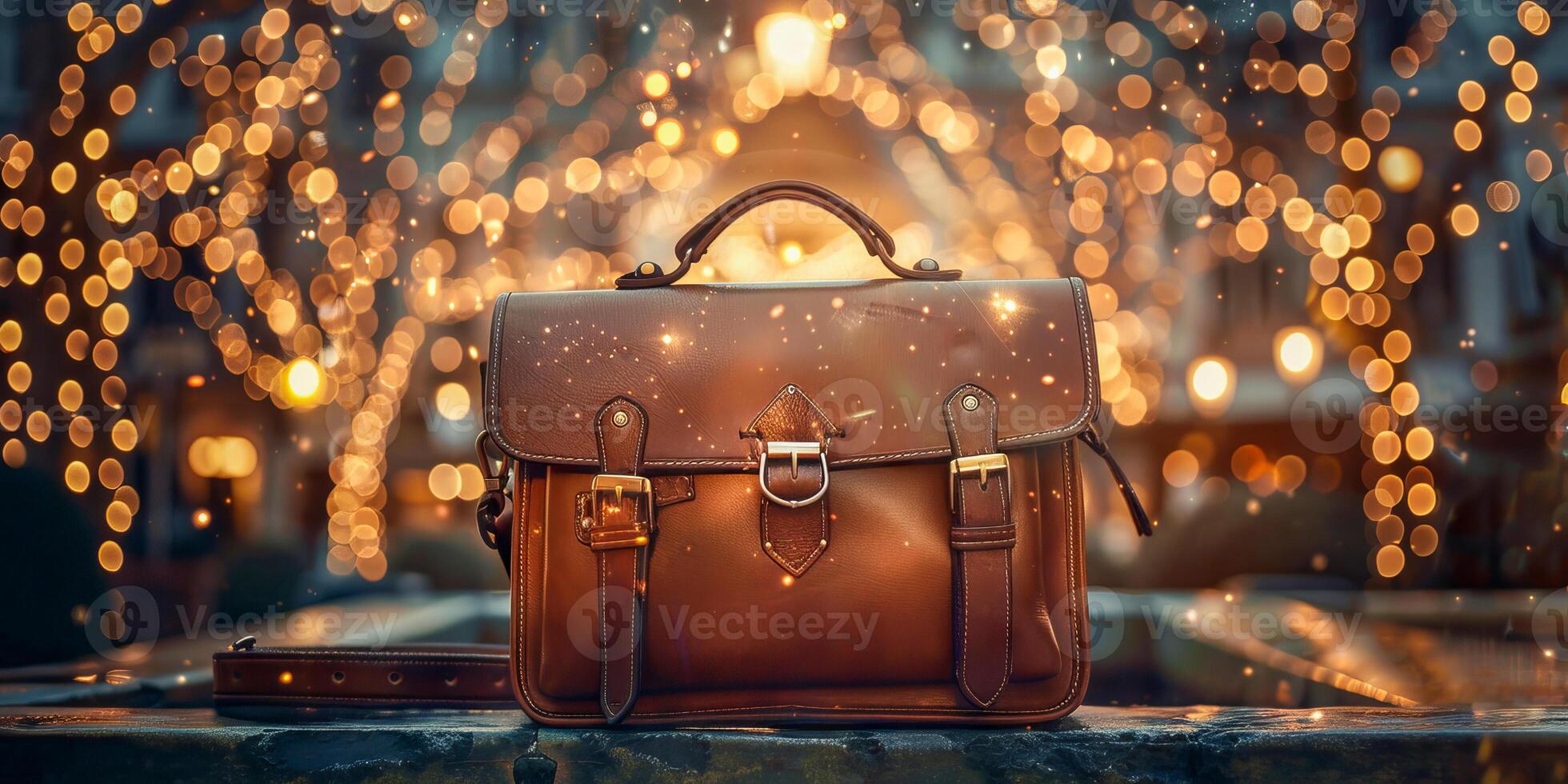 AI generated An elegant leather satchel centered with a warm, magical shimmer against a backdrop of soft, golden bokeh lights photo