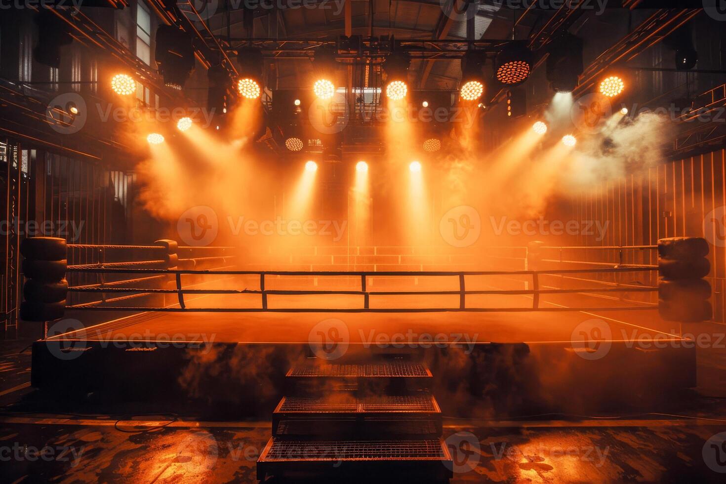 AI generated An empty boxing ring with dramatic spotlight illumination and smoke photo