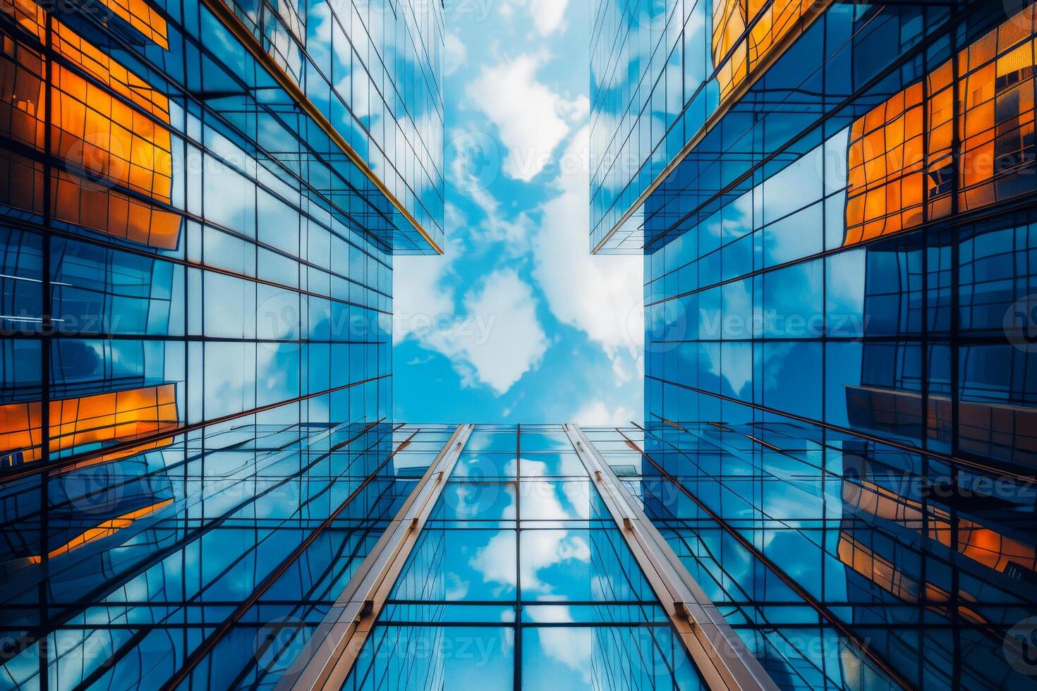 AI generated Contemporary high-rise office buildings converging towards the sky, their windows mirroring the blue and cloudy sky. photo