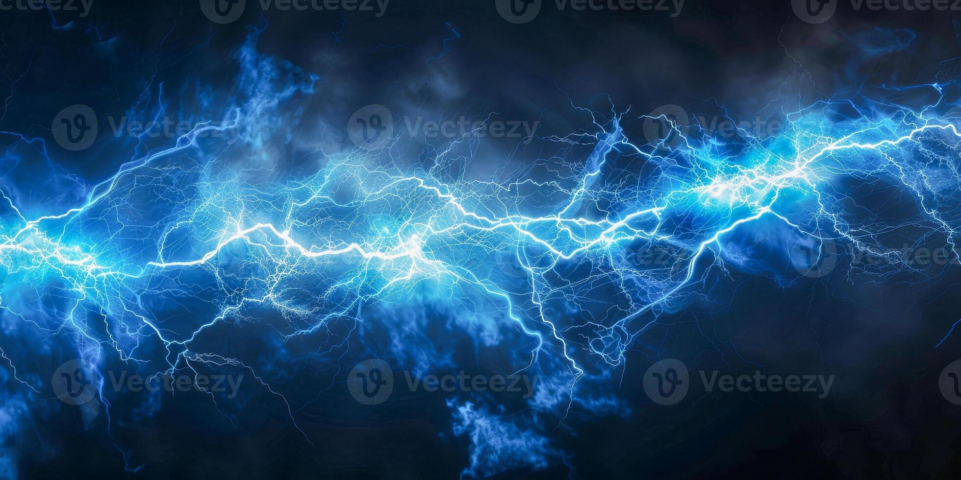 AI generated A vivid blue and black background with lightning bolts crossing, creating a striking and electrifying display of natures power and beauty photo