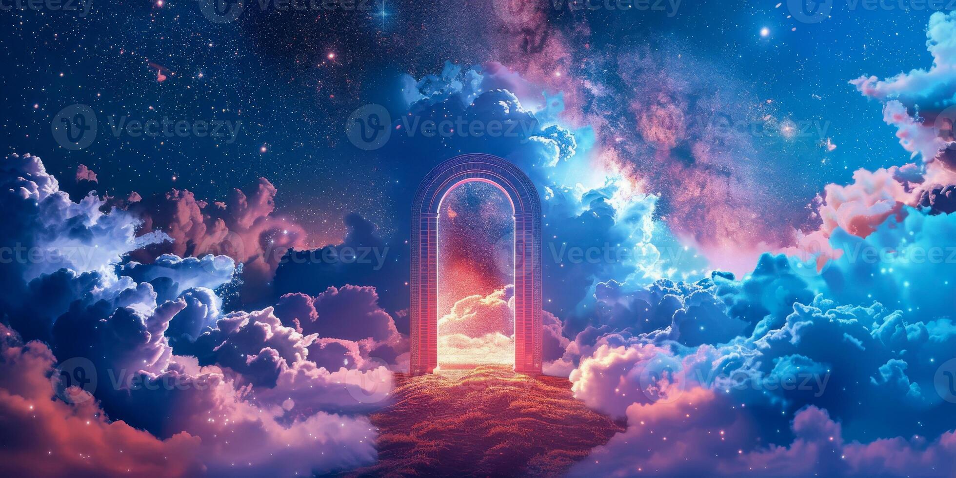 AI generated This image captures a surreal scene of a doorway floating amidst fluffy clouds in the sky, creating a mysterious and enchanting sight photo