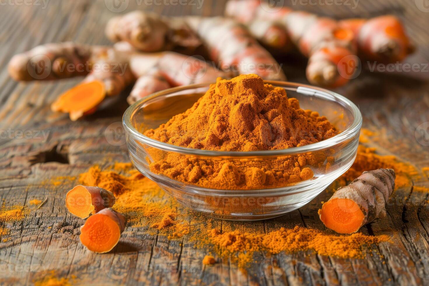 AI generated Vibrant orange turmeric powder in a clear glass bowl photo