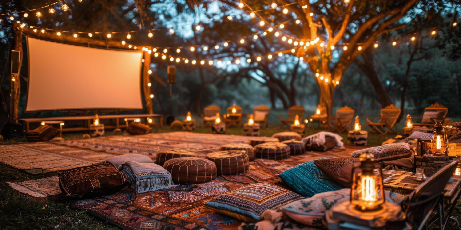 Movie Screen Surrounded by Candles in Grass photo