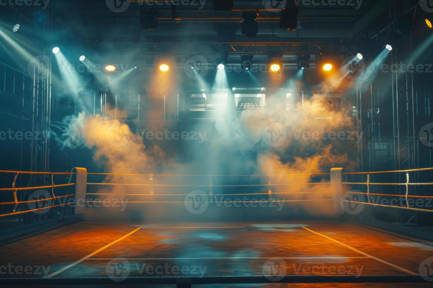 AI generated An empty boxing ring with dramatic spotlight illumination and smoke photo