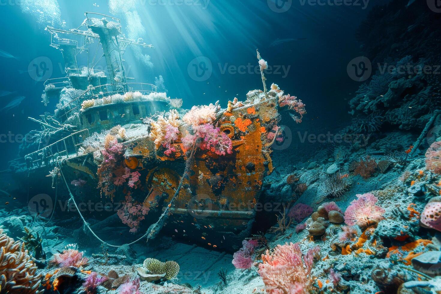 ai generado un submarino escena con un hundido Embarcacion cubierto en coral y marina vida, iluminado por un diversos ligero foto