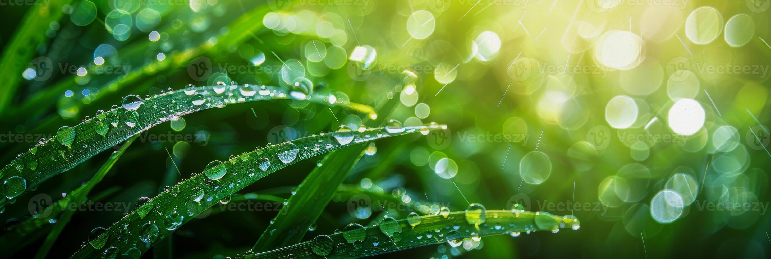 AI generated Close-up of vibrant green grass blades covered in sparkling dewdrops, with a bokeh effect highlighting the morning freshness photo