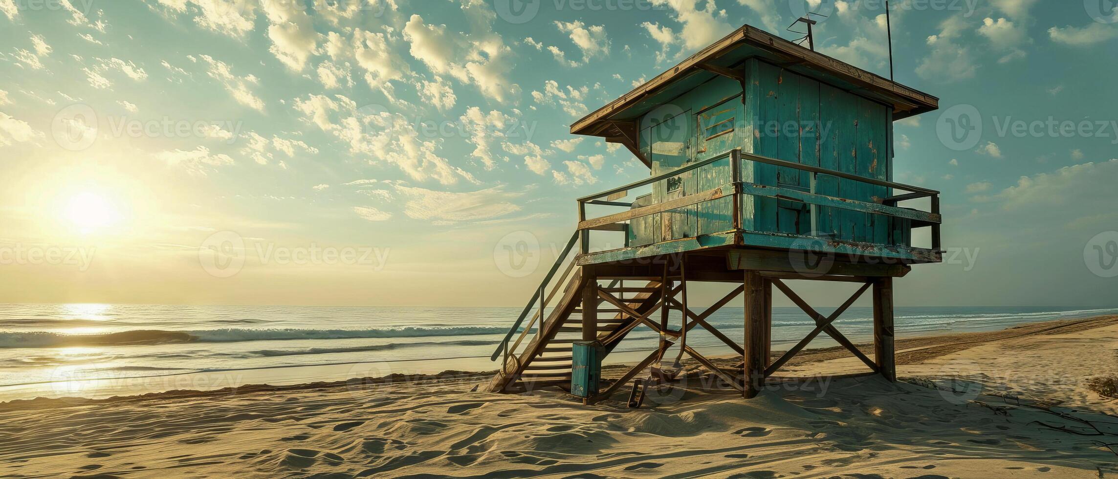 AI generated A lone lifeguard tower stands guard over a deserted beach, with dramatic storm clouds gathering as the sun sets photo