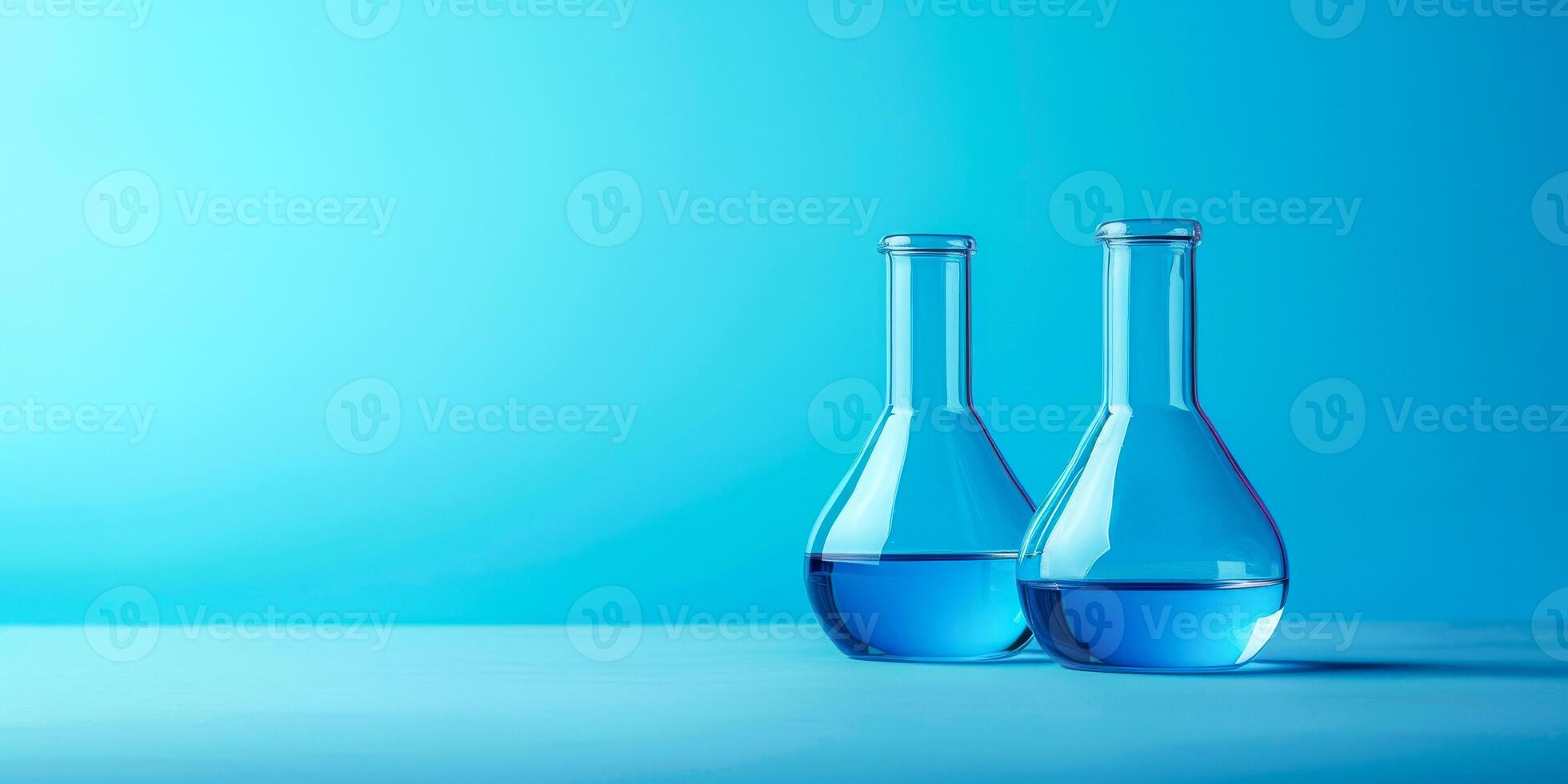 AI generated Two laboratory glass flasks with blue liquids, neatly arranged on a blue surface with a minimalist scientific setup photo