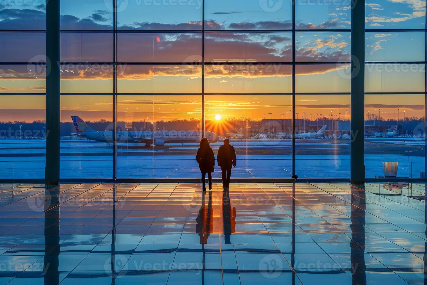 AI generated Silhouetted figures of a couple stand in an airport terminal, watching the sunset over airplanes. photo