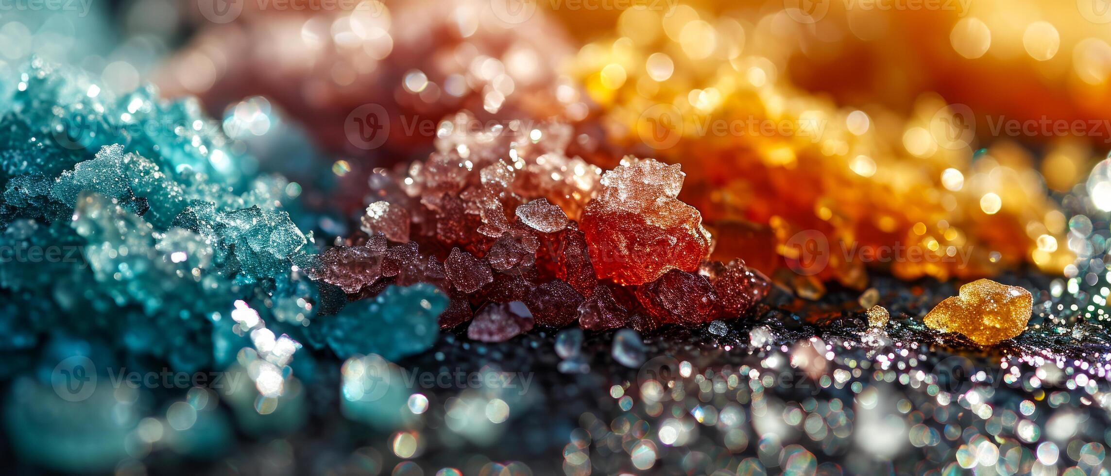 AI generated Close-up of sparkling glass shards, with a striking contrast of warm amber and cool blue tones against a blurred background photo