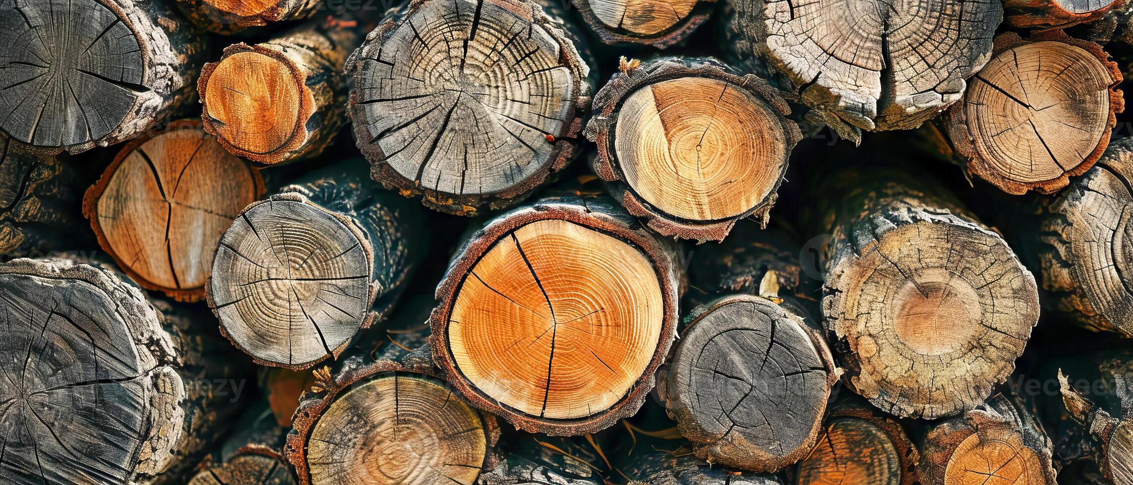 AI generated Close-up view of stacked wood logs, highlighting the intricate patterns of tree rings and textures. photo