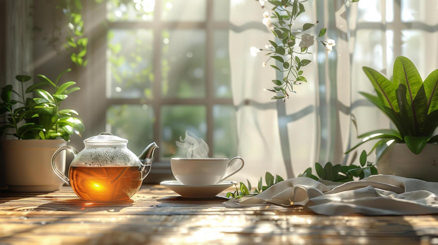 ai generado té maceta y taza de té en mesa foto