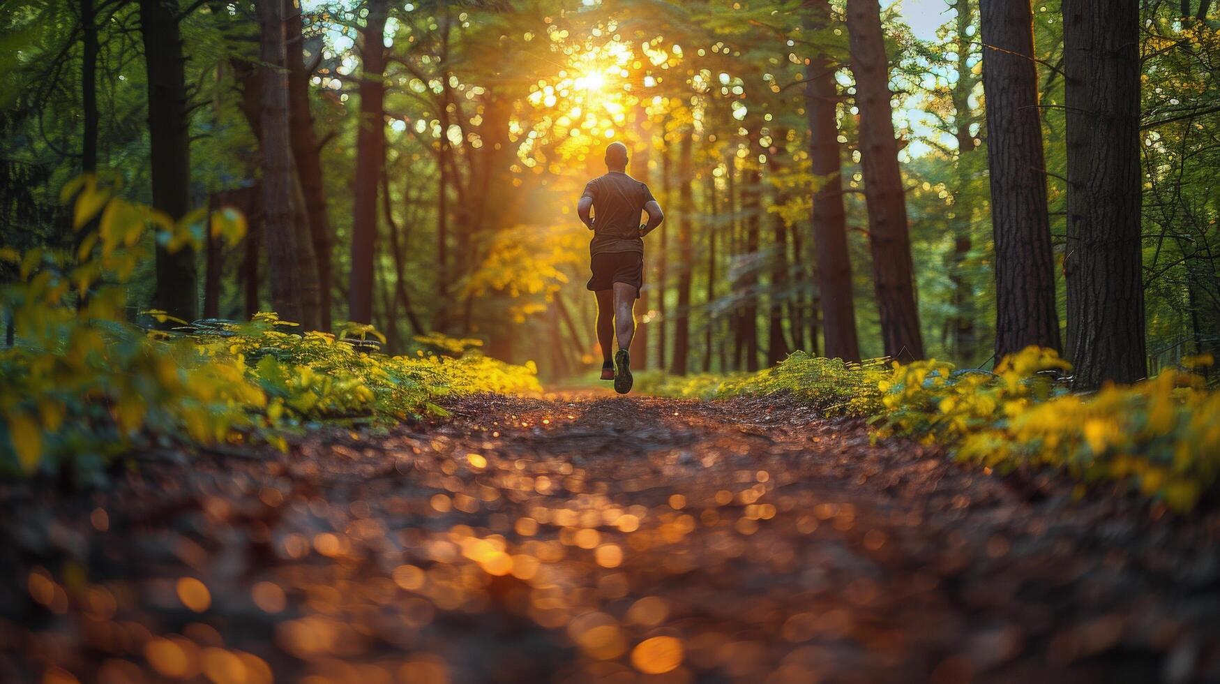 ai generado hombre corriendo abajo sendero en bosque foto