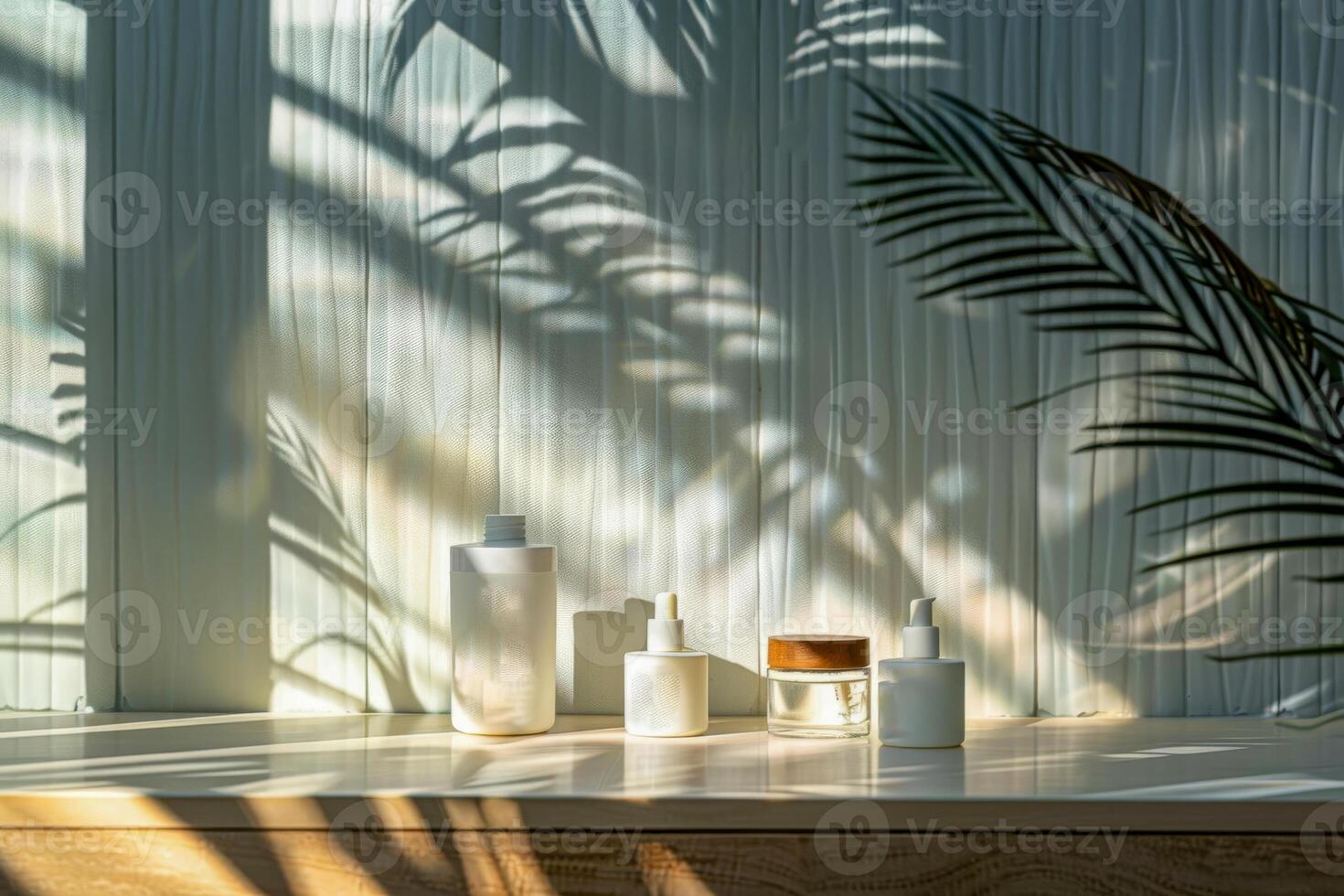 AI generated An artistic display of skincare products on a clean wooden surface, with the gentle play of palm tree shadows casting an elegant pattern photo