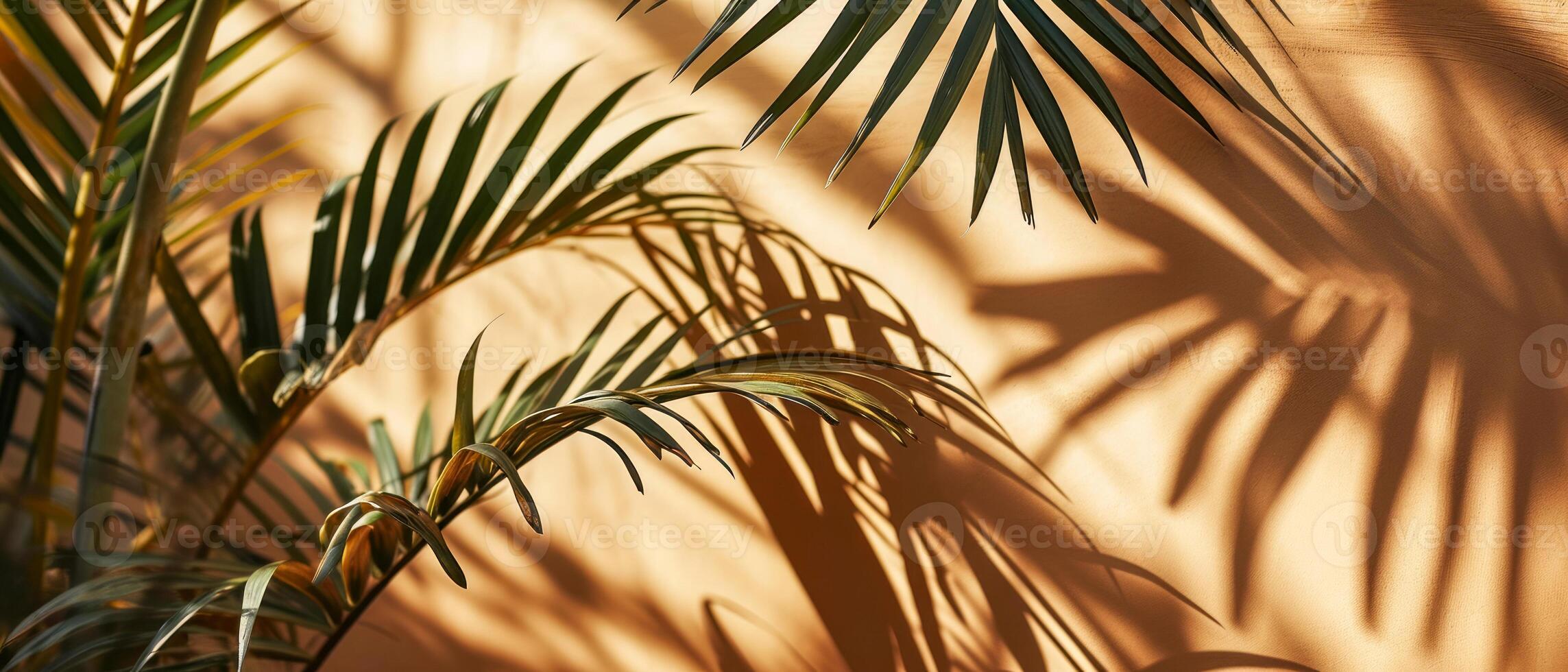 AI generated The interplay of light and shadow from tropical palm leaves creates an artistic pattern on a warm, textured wall photo