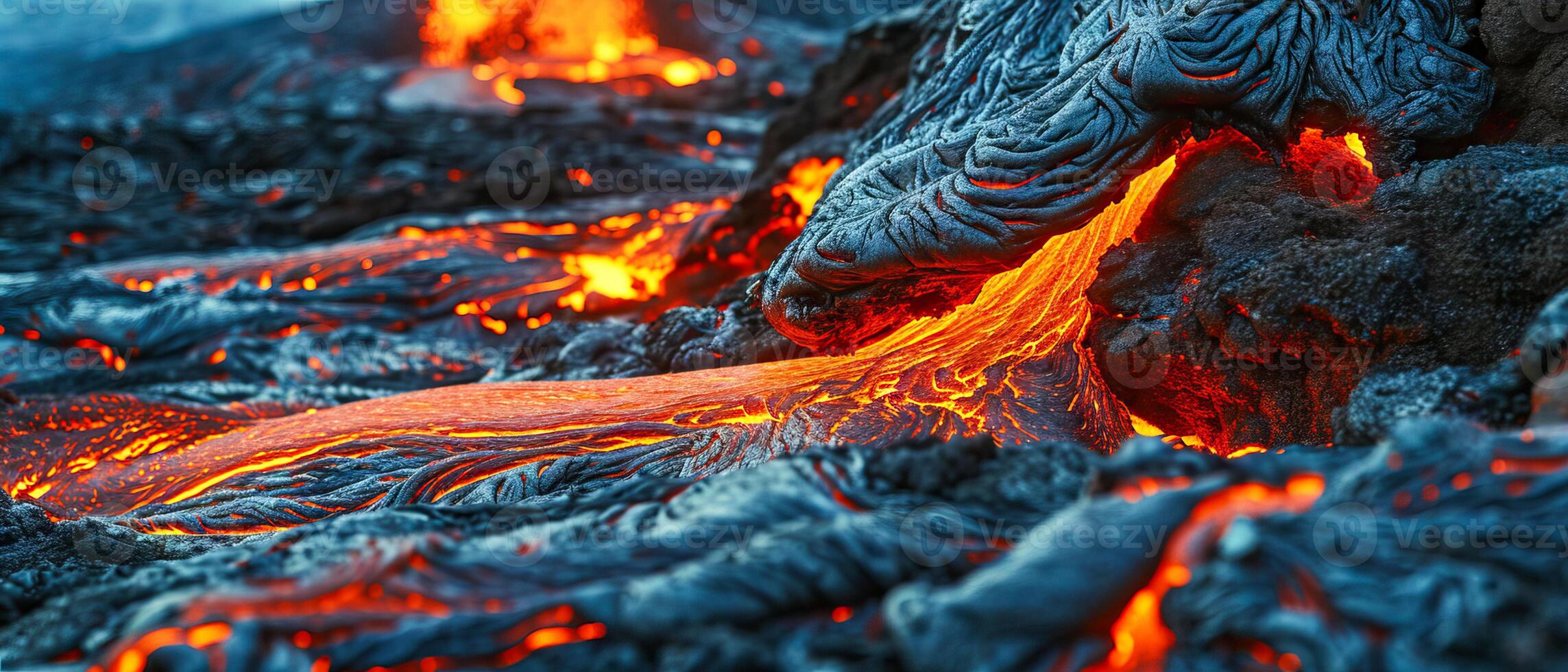 AI generated Immerse yourself in the awe-inspiring spectacle of nature's fury as fiery lava flows from the depths of the earth photo