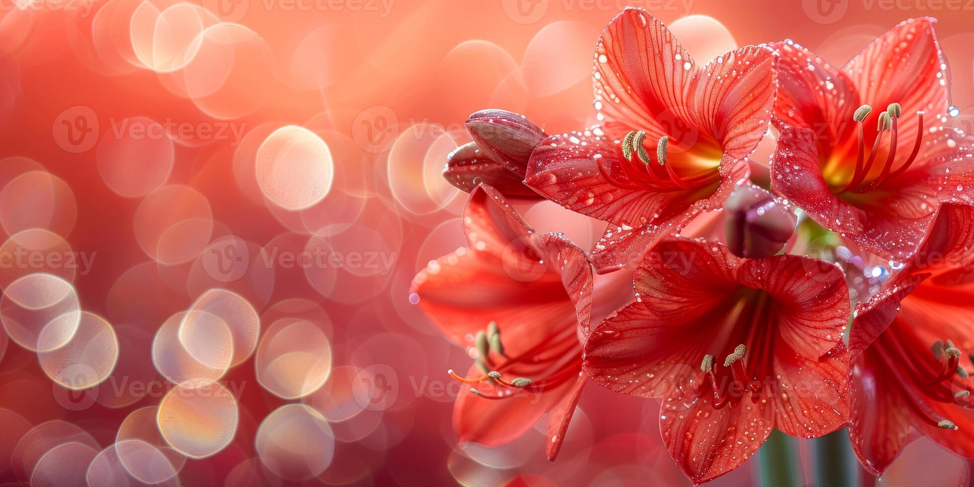 AI generated The lush red petals of an amaryllis glisten with dew drops, set against a radiant backdrop of bokeh light effects photo