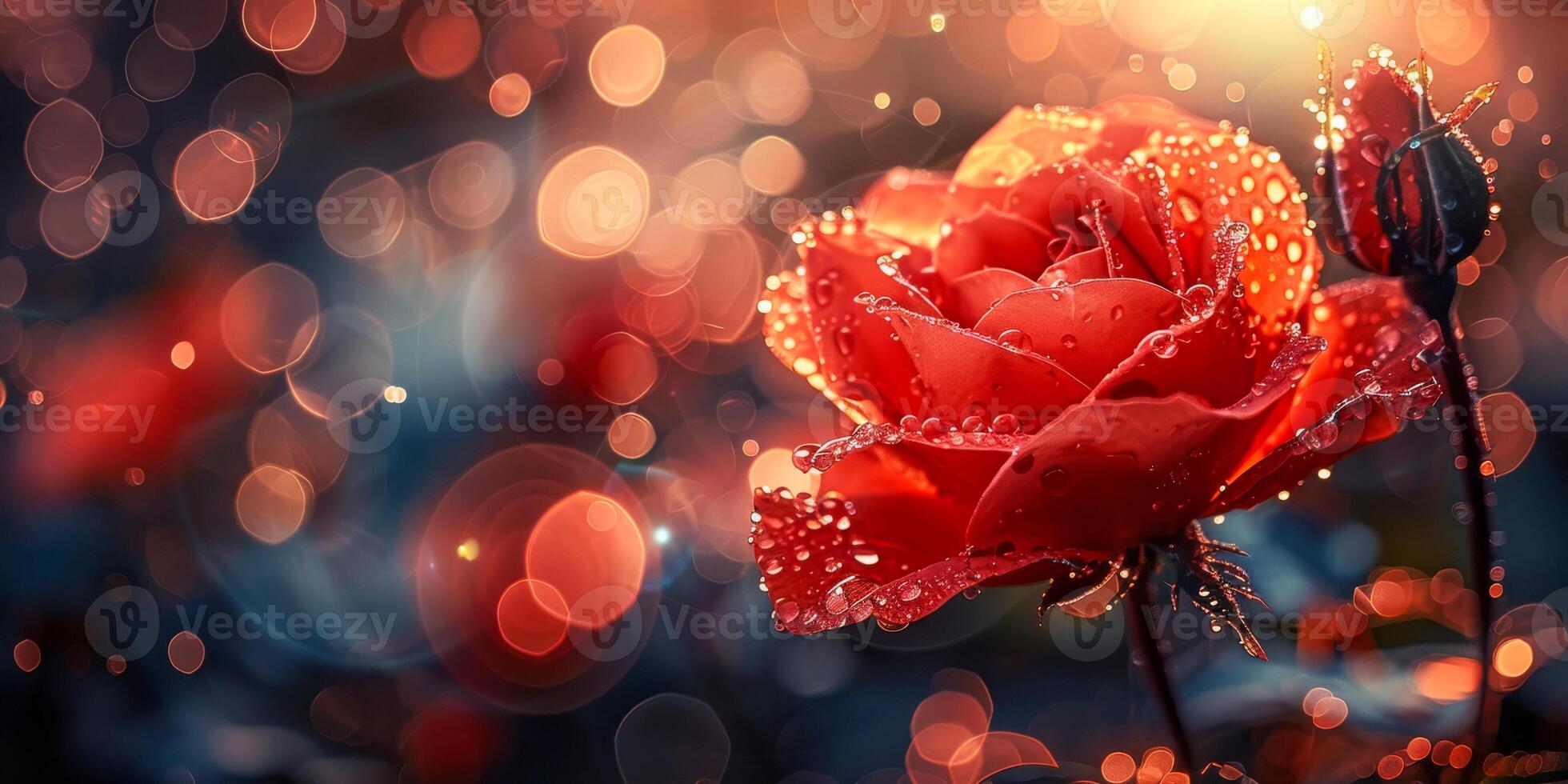 AI generated A red rose adorned with dew drops shines against a mesmerizing background of soft light circles photo